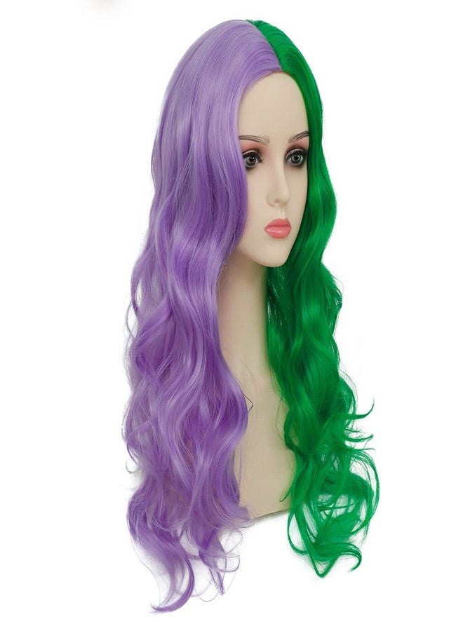 Dai Cloud Half Purple and Half Green Curly Wigs for Women Long Middle Part Split Wig Cosplay Hair Wig(Green and Purple) - Image 4